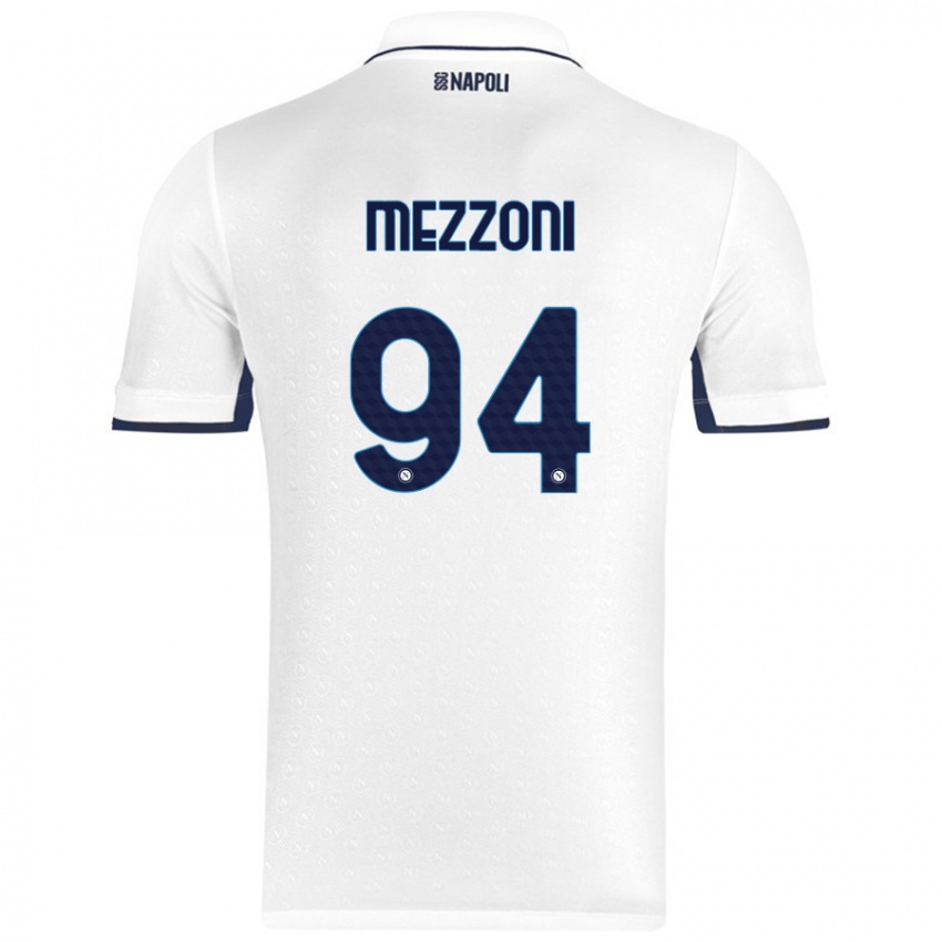 Uomo Maglia Francesco Mezzoni #94 Bianco Blu Reale Kit Gara Away 2024/25 Maglietta