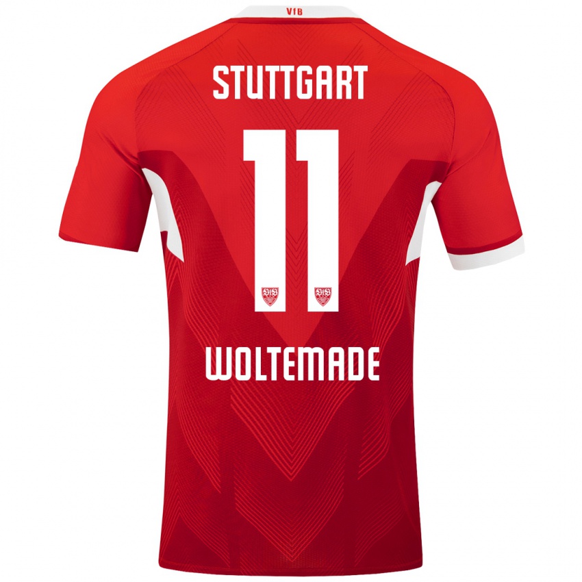 Uomo Maglia Nick Woltemade #11 Rosso Bianco Kit Gara Away 2024/25 Maglietta