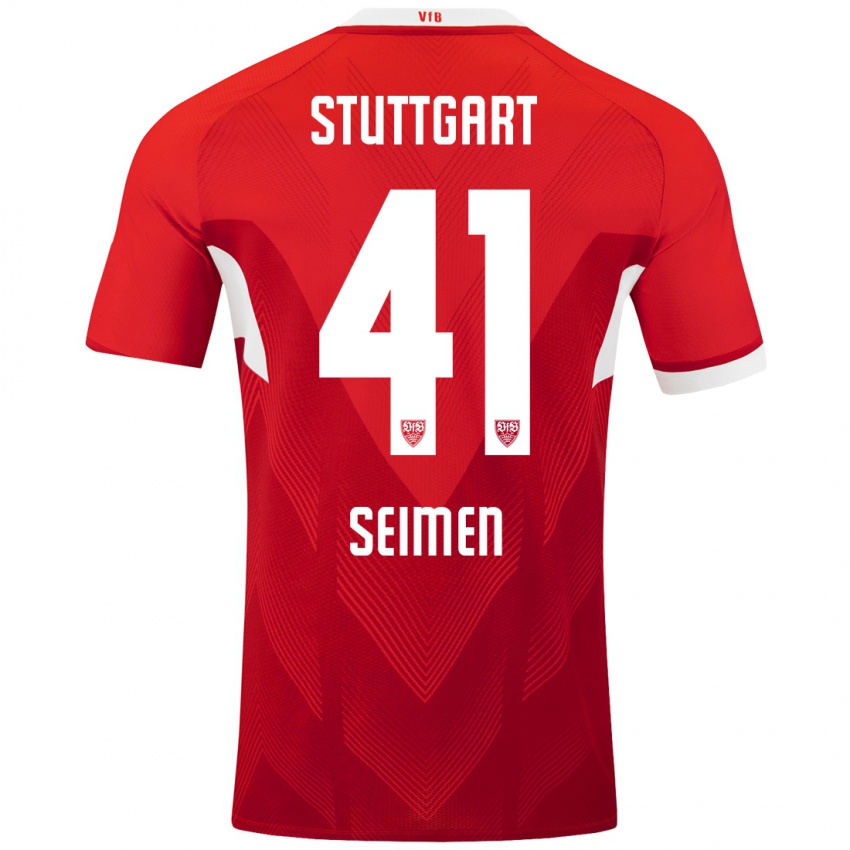 Uomo Maglia Dennis Seimen #41 Rosso Bianco Kit Gara Away 2024/25 Maglietta