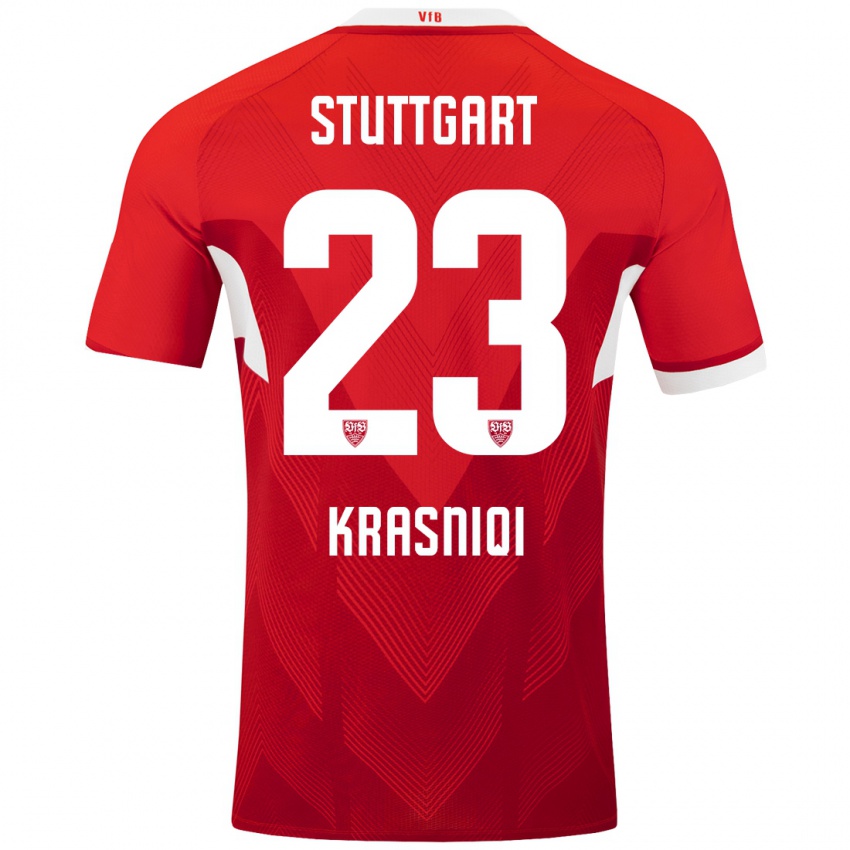 Uomo Maglia Elton Krasniqi #23 Rosso Bianco Kit Gara Away 2024/25 Maglietta