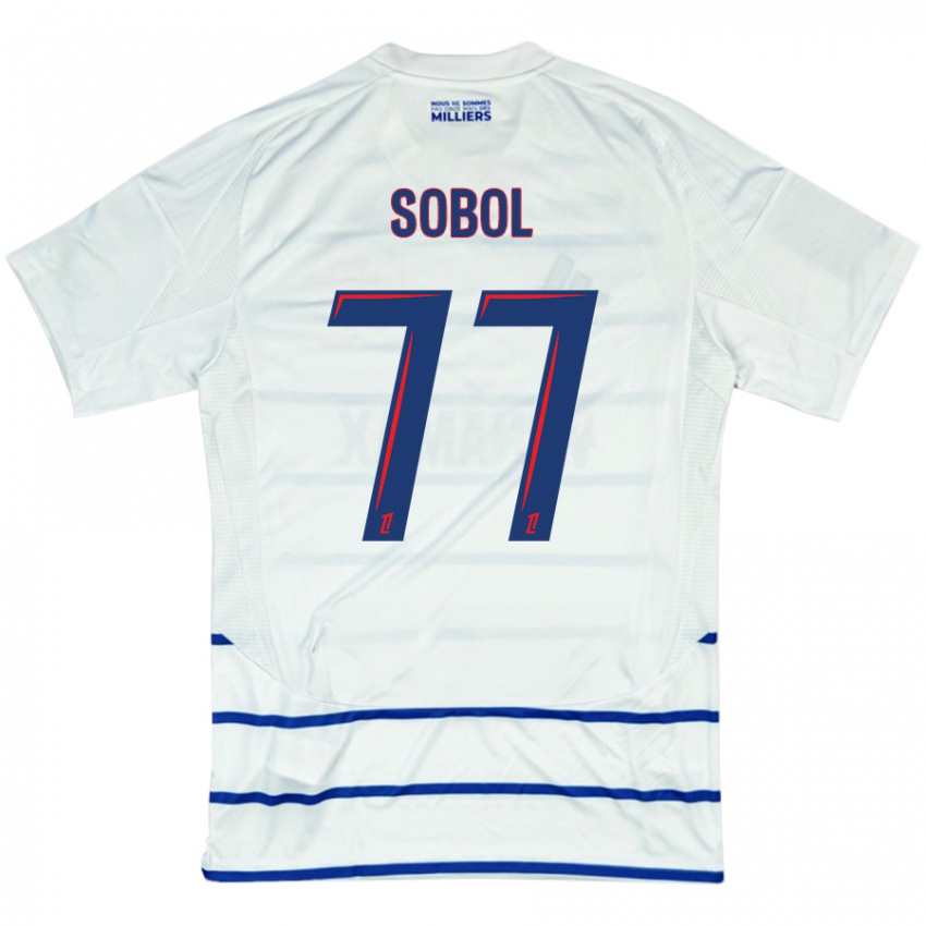 Uomo Maglia Eduard Sobol #77 Bianco Blu Kit Gara Away 2024/25 Maglietta