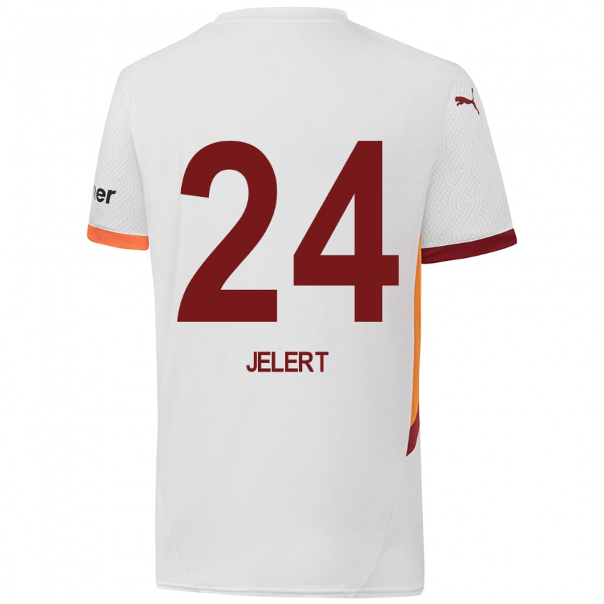 Uomo Maglia Elias Jelert #24 Bianco Giallo Rosso Kit Gara Away 2024/25 Maglietta