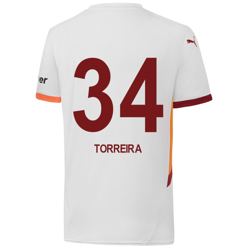 Uomo Maglia Lucas Torreira #34 Bianco Giallo Rosso Kit Gara Away 2024/25 Maglietta