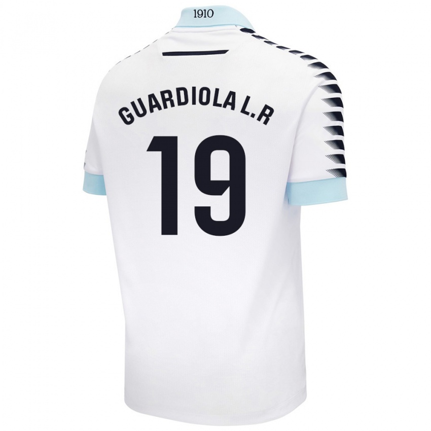 Uomo Maglia Sergi Guardiola #19 Bianco Blu Kit Gara Away 2024/25 Maglietta