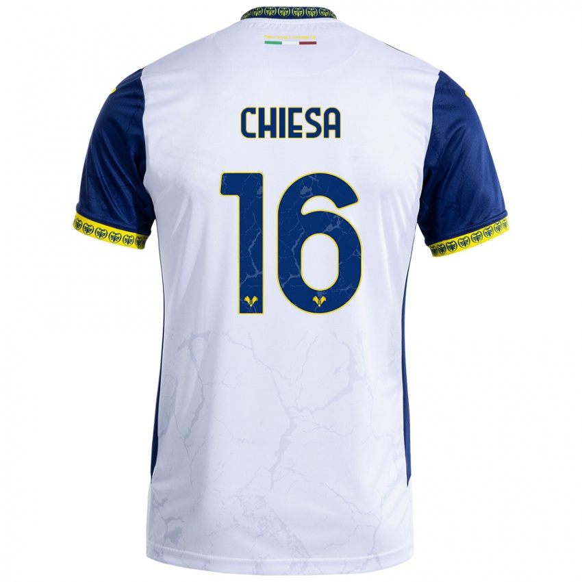 Uomo Maglia Mattia Chiesa #16 Bianco Blu Kit Gara Away 2024/25 Maglietta