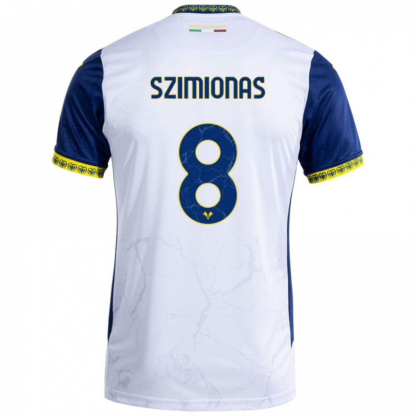 Uomo Maglia Luca Szimionas #8 Bianco Blu Kit Gara Away 2024/25 Maglietta