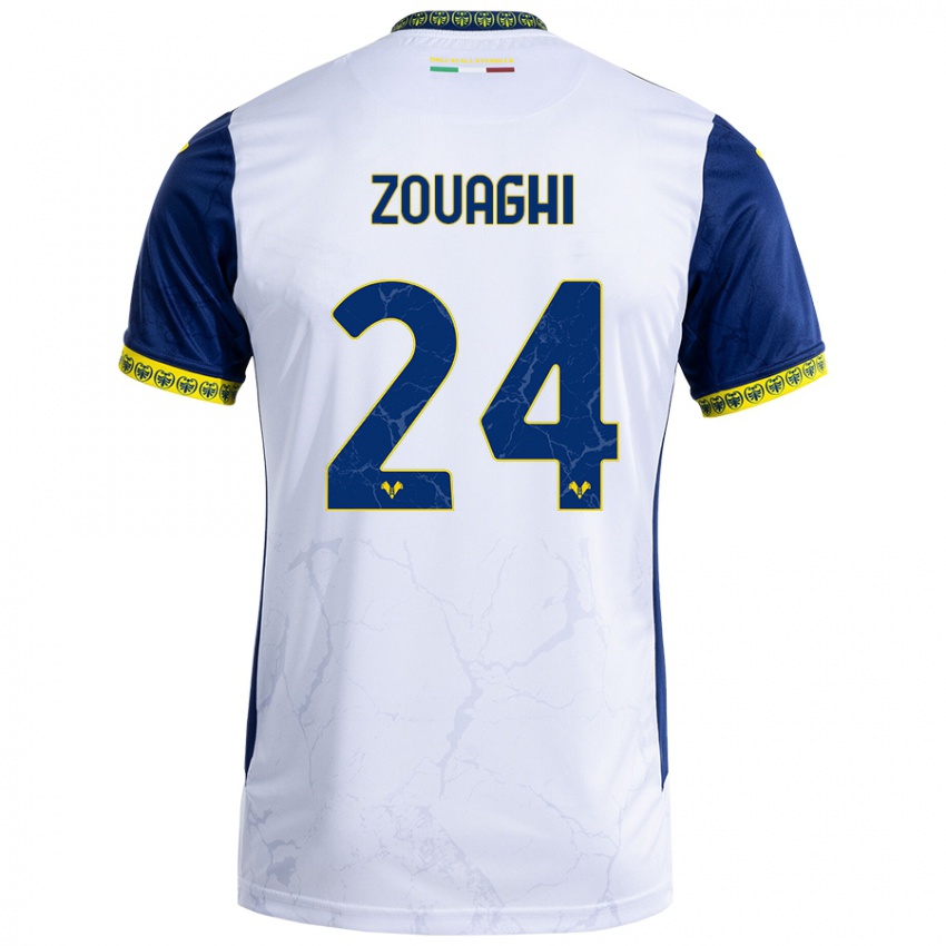 Uomo Maglia Thomas Zouaghi #24 Bianco Blu Kit Gara Away 2024/25 Maglietta