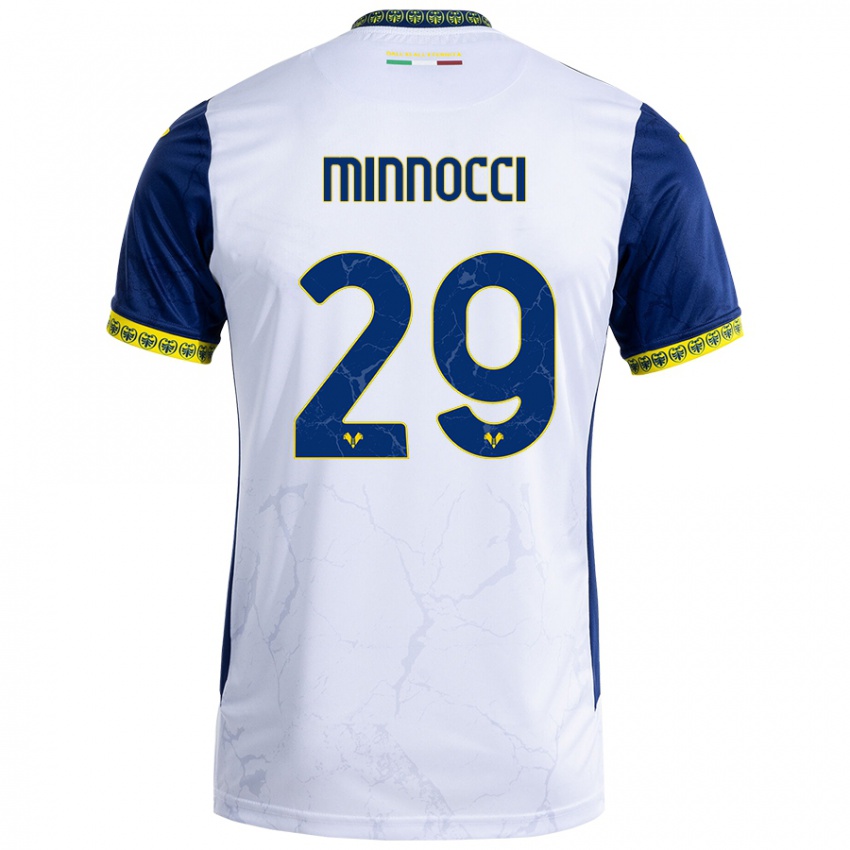 Uomo Maglia Valerio Minnocci #29 Bianco Blu Kit Gara Away 2024/25 Maglietta