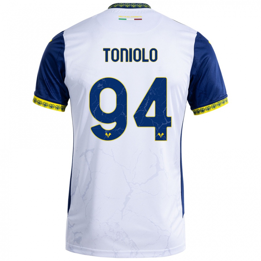 Donna Maglia Giacomo Toniolo #94 Bianco Blu Kit Gara Away 2024/25 Maglietta