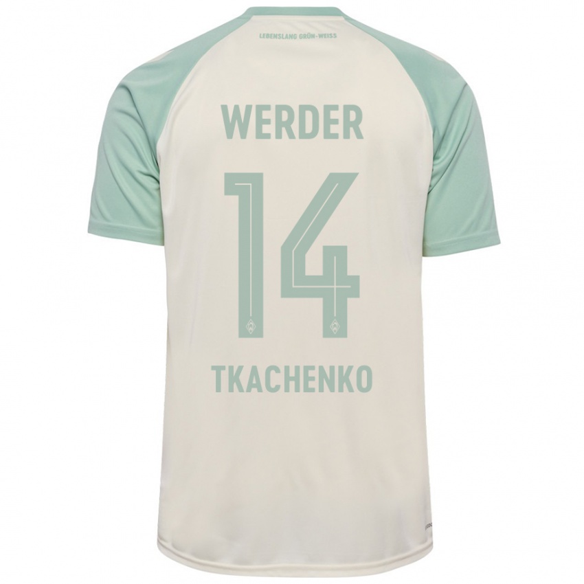 Bambino Maglia Oleksandr Tkachenko #14 Bianco Sporco Verde Chiaro Kit Gara Away 2024/25 Maglietta