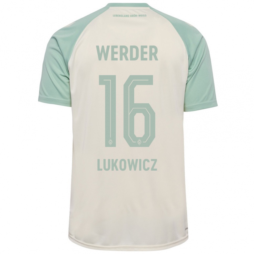 Bambino Maglia Maik Lukowicz #16 Bianco Sporco Verde Chiaro Kit Gara Away 2024/25 Maglietta