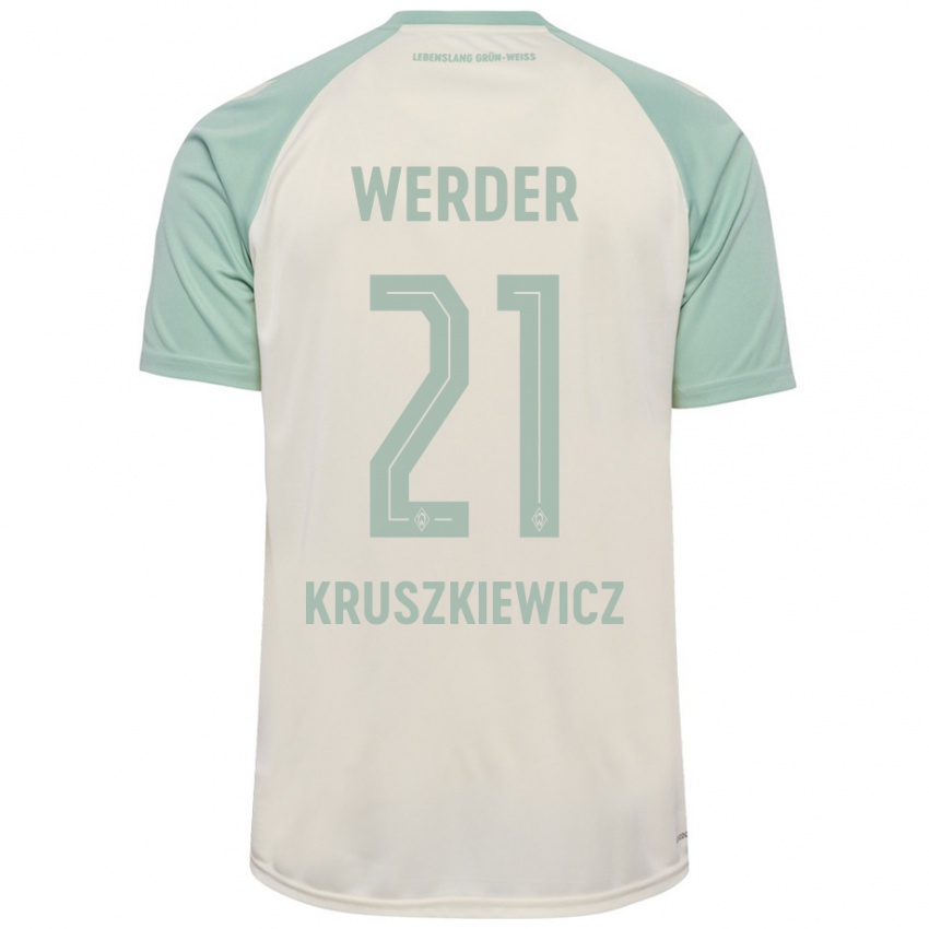 Bambino Maglia Jakub Kruszkiewicz #21 Bianco Sporco Verde Chiaro Kit Gara Away 2024/25 Maglietta