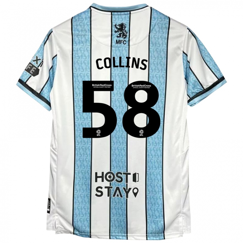 Bambino Maglia Sam Collins #58 Bianco Blu Kit Gara Away 2024/25 Maglietta