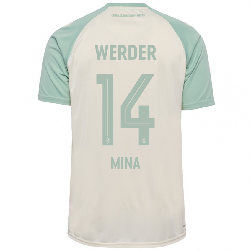 Uomo Maglia Johan Mina #14 Bianco Sporco Verde Chiaro Kit Gara Away 2024/25 Maglietta