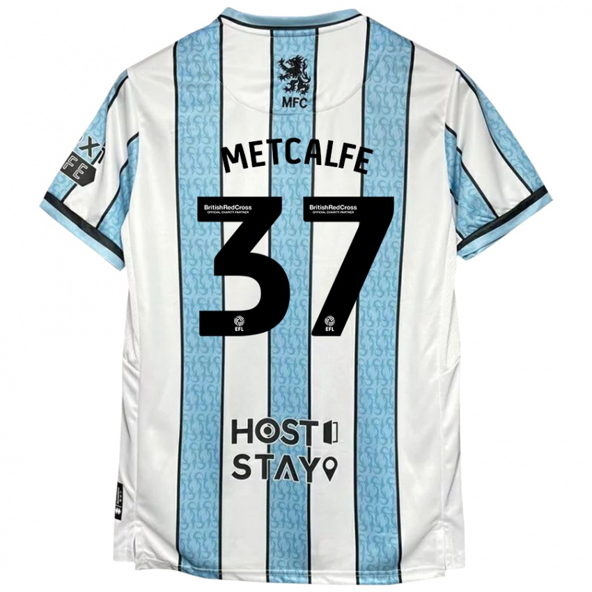 Uomo Maglia Max Metcalfe #37 Bianco Blu Kit Gara Away 2024/25 Maglietta