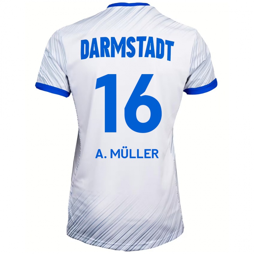 Uomo Maglia Andreas Müller #16 Bianco Blu Kit Gara Away 2024/25 Maglietta