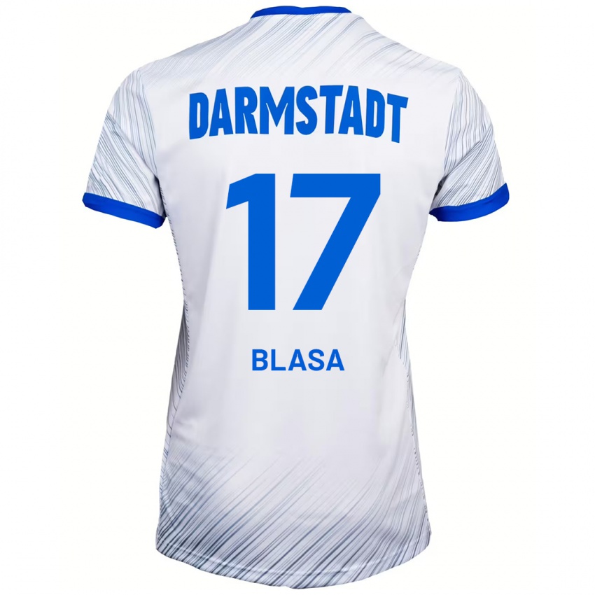 Uomo Maglia Keanu Blasa #17 Bianco Blu Kit Gara Away 2024/25 Maglietta