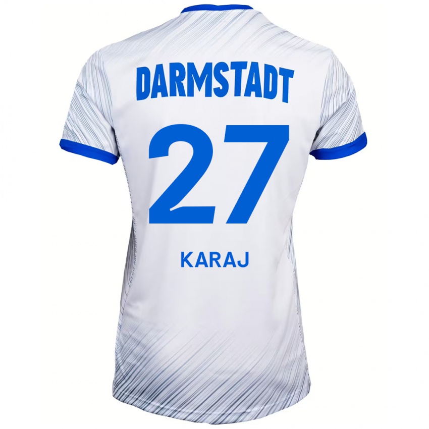 Uomo Maglia Eraldo Karaj #27 Bianco Blu Kit Gara Away 2024/25 Maglietta