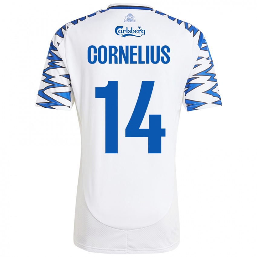 Bambino Maglia Andreas Cornelius #14 Bianco Azzurro Kit Gara Home 2024/25 Maglietta