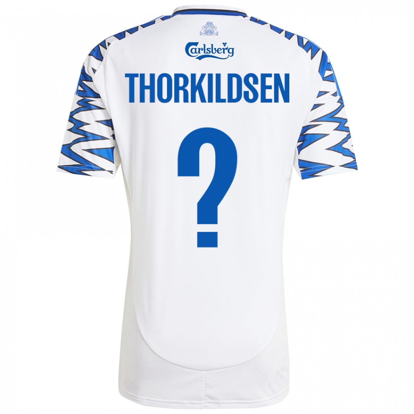 Bambino Maglia Elias Thorkildsen #0 Bianco Azzurro Kit Gara Home 2024/25 Maglietta