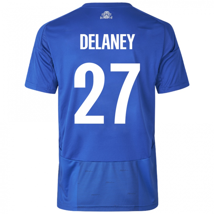 Bambino Maglia Thomas Delaney #27 Bianco Blu Kit Gara Away 2024/25 Maglietta