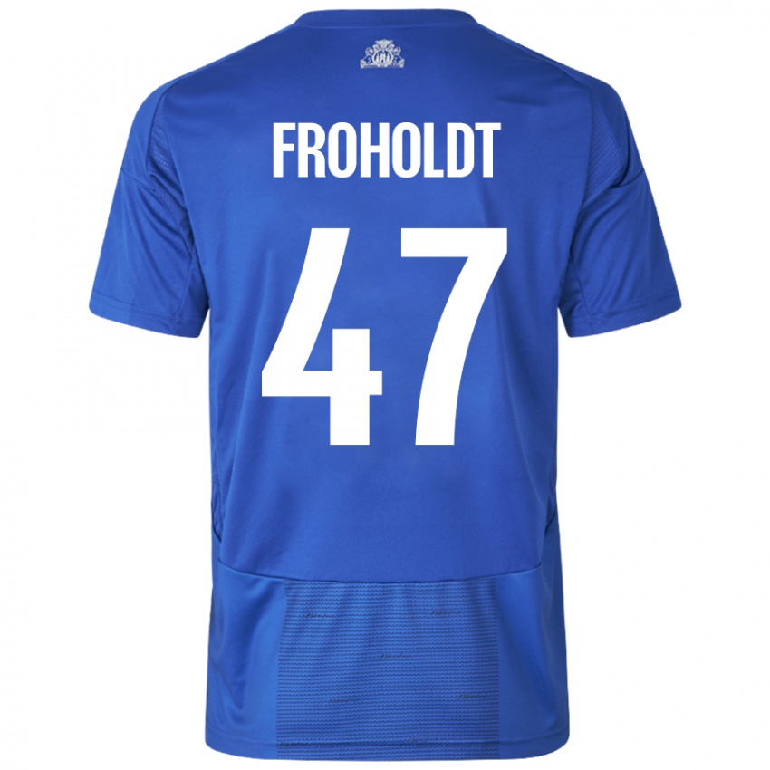 Bambino Maglia Victor Froholdt #47 Bianco Blu Kit Gara Away 2024/25 Maglietta