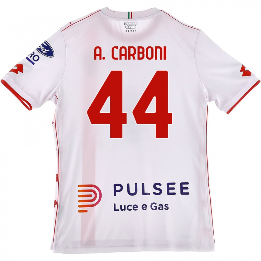 Uomo Maglia Andrea Carboni #44 Bianco Rosso Kit Gara Away 2024/25 Maglietta