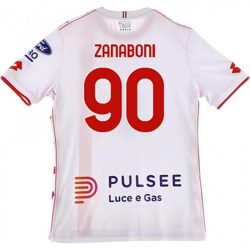 Uomo Maglia Emanuele Zanaboni #90 Bianco Rosso Kit Gara Away 2024/25 Maglietta