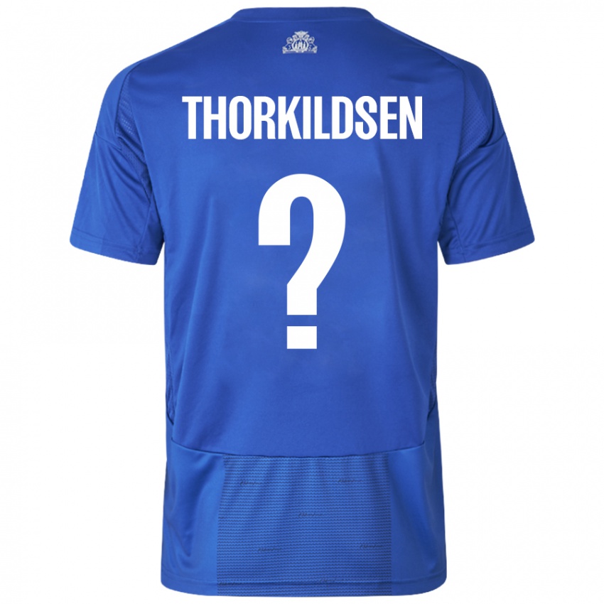 Uomo Maglia Elias Thorkildsen #0 Bianco Blu Kit Gara Away 2024/25 Maglietta