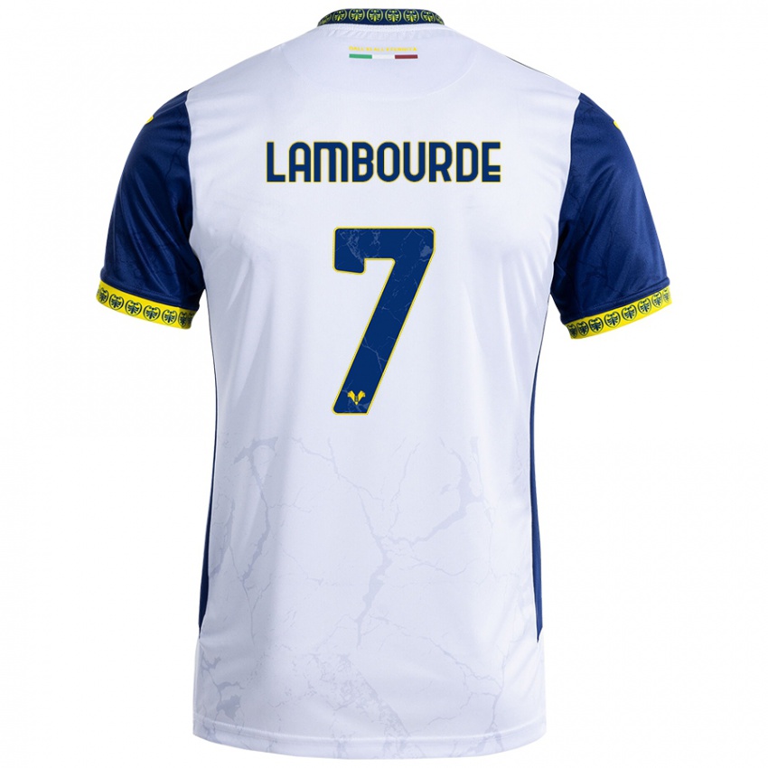 Bambino Maglia Mathis Lambourde #7 Bianco Blu Kit Gara Away 2024/25 Maglietta