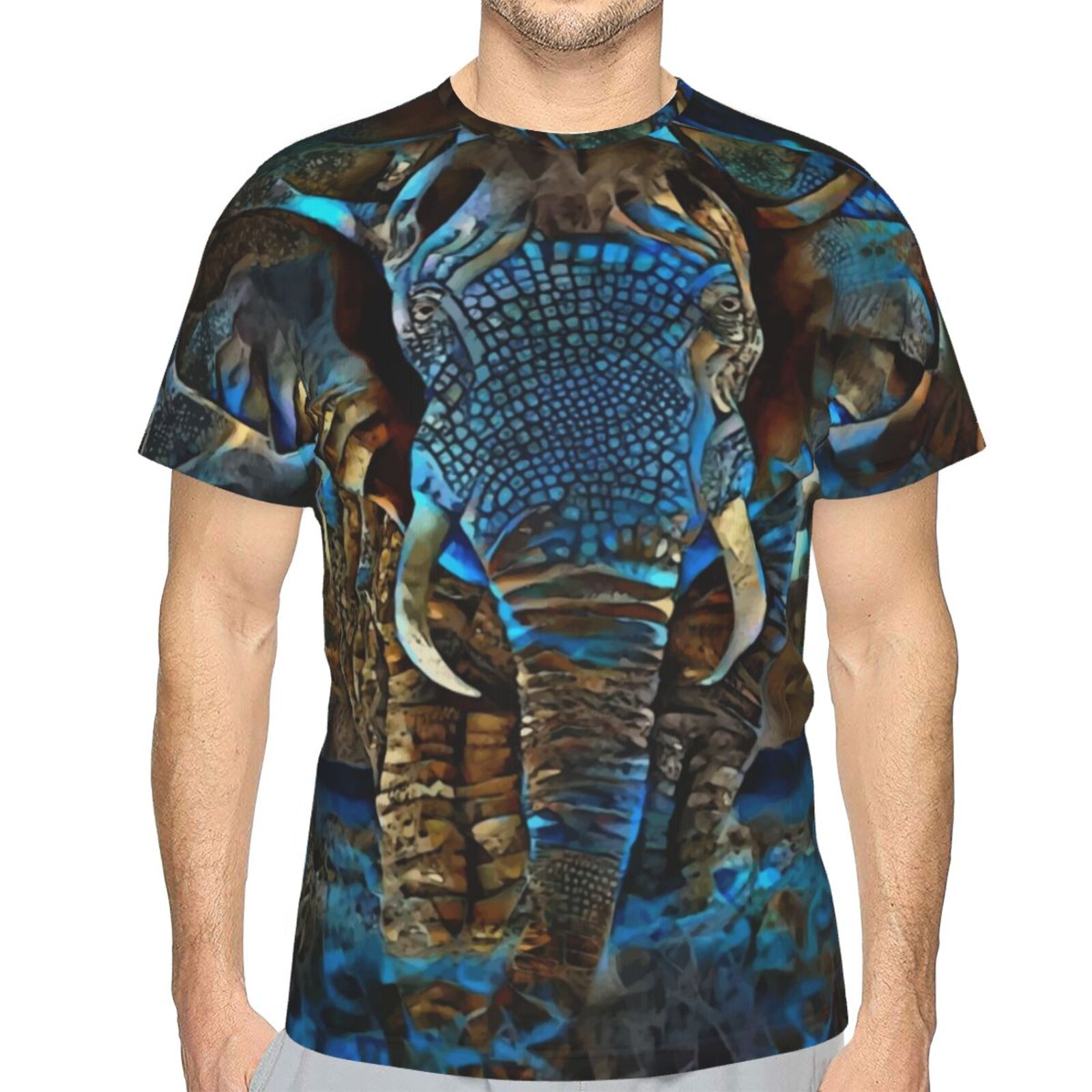 Maglietta Classica Elefante Marrone Blu Elementi Multimediali Misti